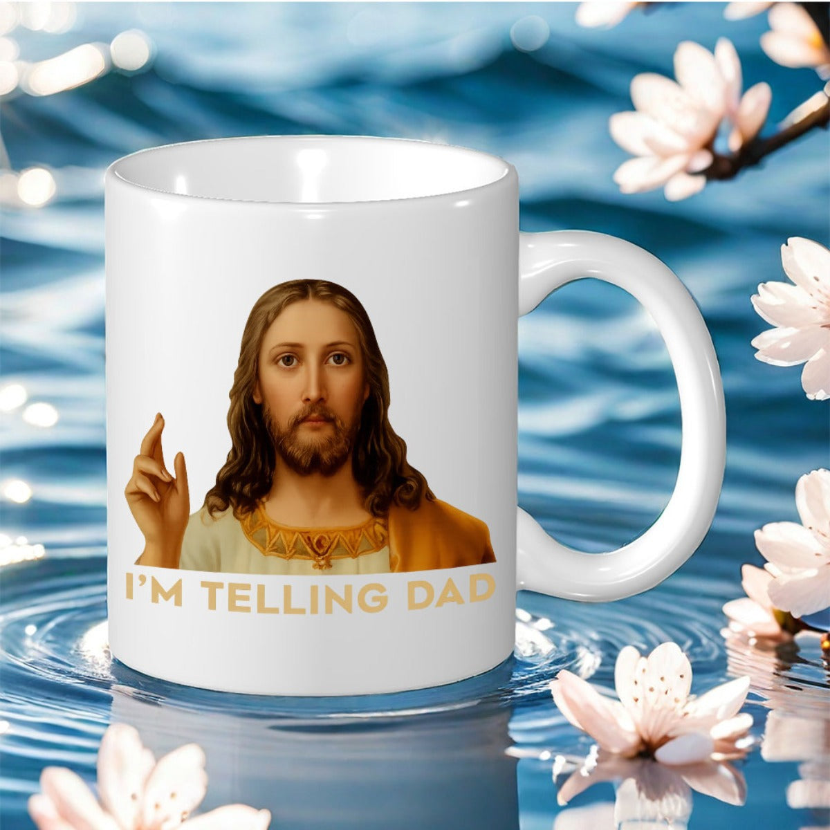 Tailorly White Ceramic 11 oz Mug - dad with jesus christ illustration