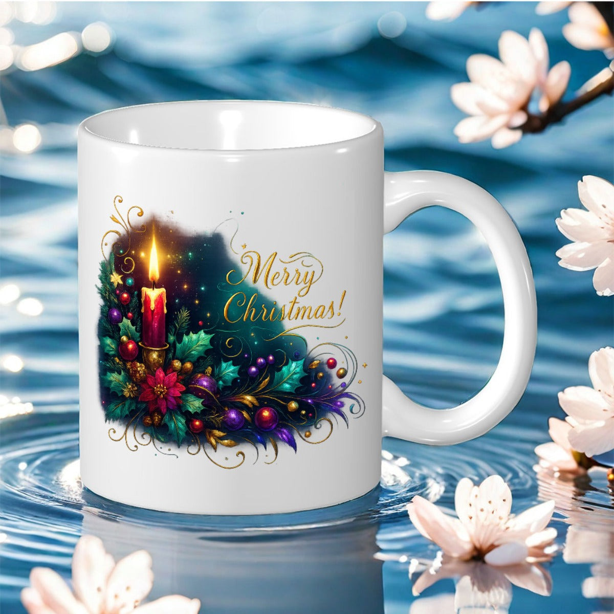 Tailorly White Ceramic 11 oz Mug - christmas candle and floral print