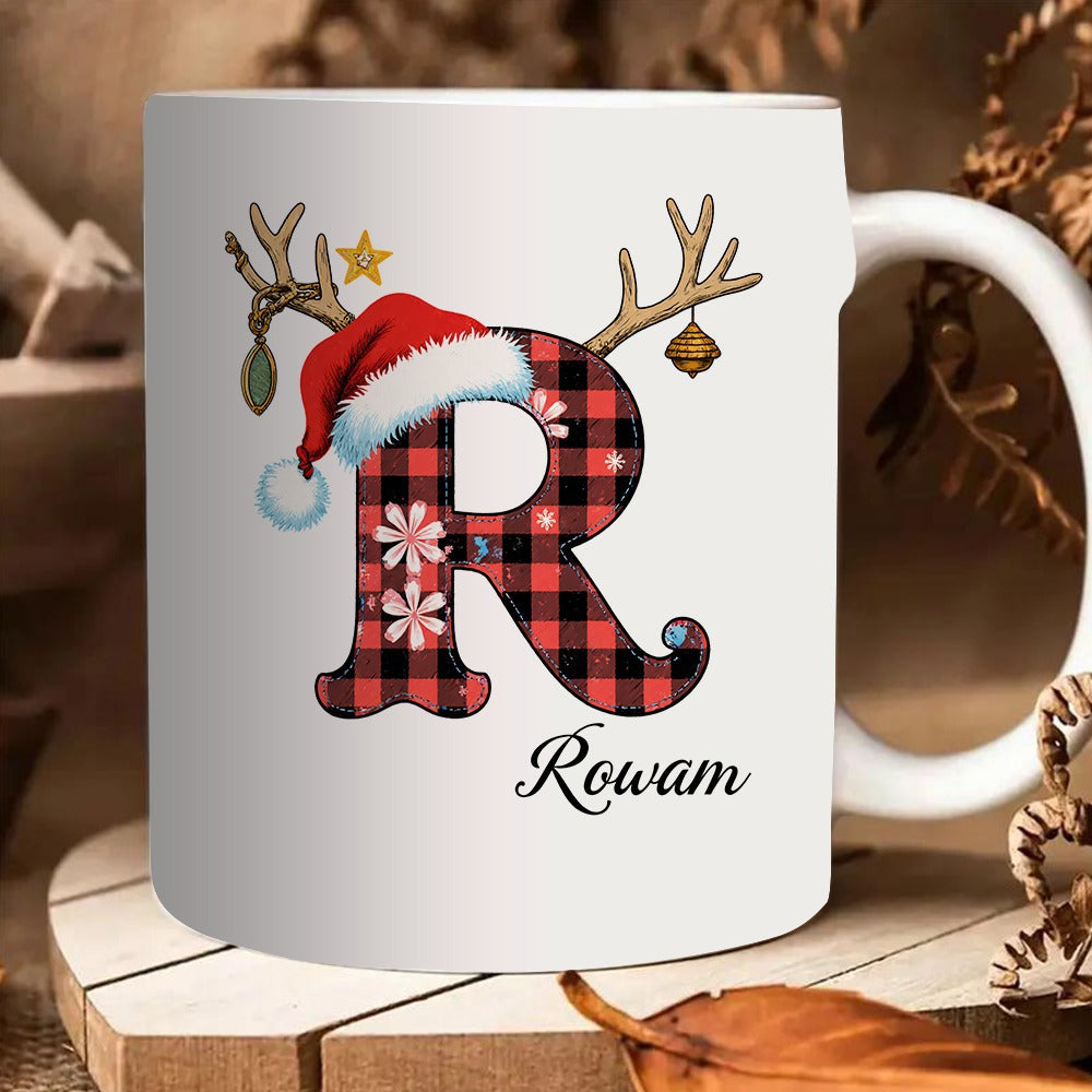 Tailorly White Ceramic 11 oz Mug - letter r with reindeer antlers and santa hat