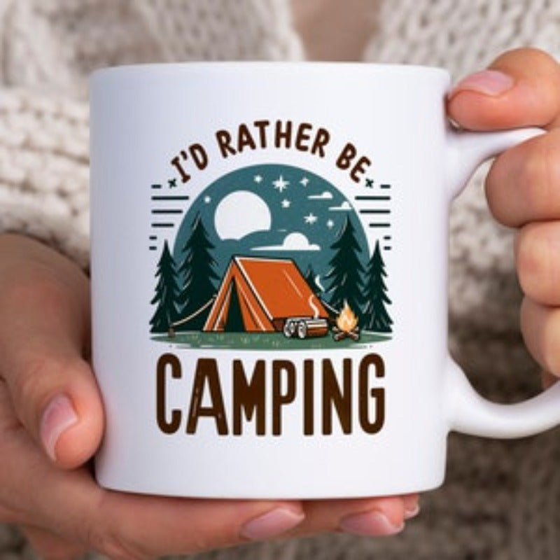 Tailorly White Ceramic 11 oz Mug - pine trees mountains campfire design