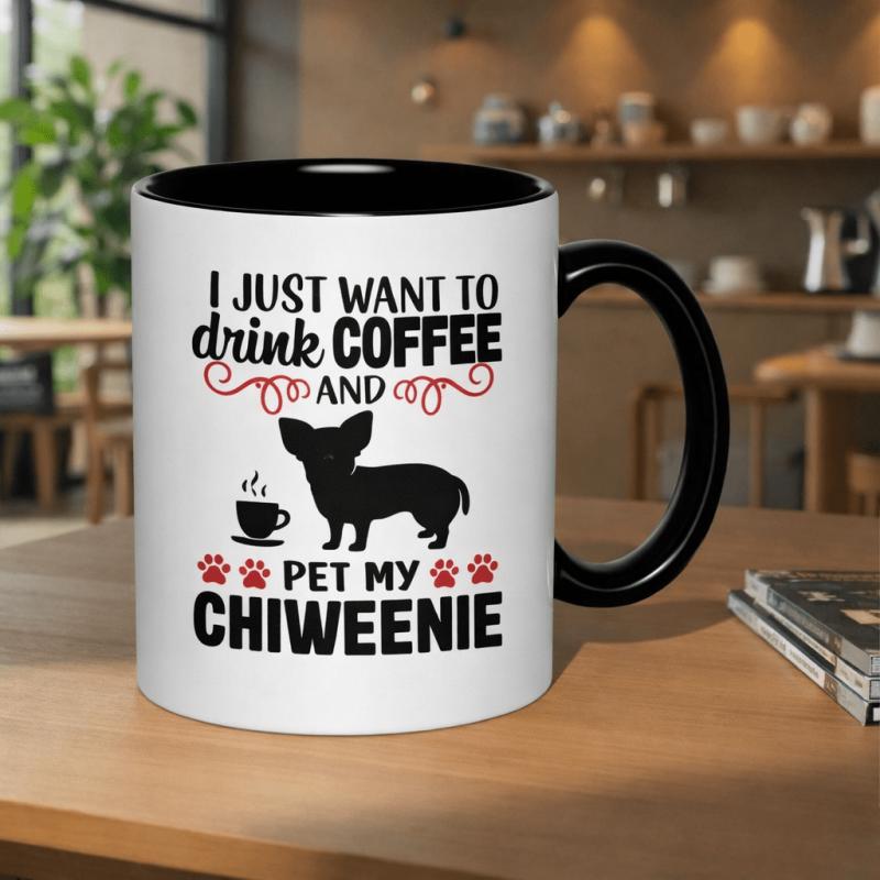 Tailorly Black Accent 11 oz Mug - drink coffee and pet my chiweenie text