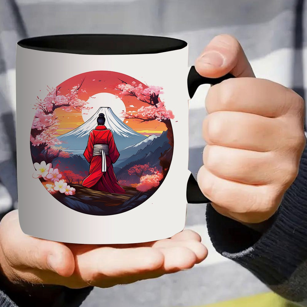 Tailorly Black Accent 11 oz Mug - a single coffee mug featuring a woman dressed in a a sky filled with cherry ideal for coffee enthusiasts who