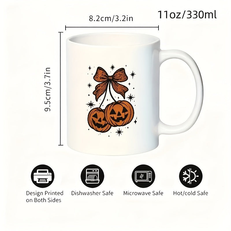 Tailorly White Ceramic 11 oz Mug - pumpkin with bow and stars