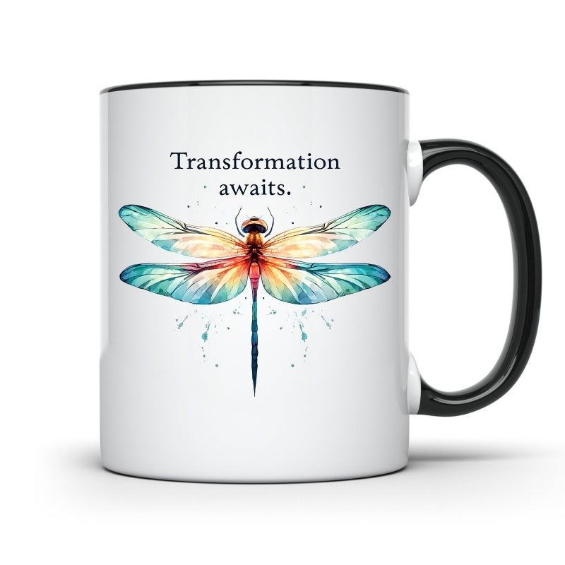 Tailorly Black Accent 11 oz Mug - coffee cup with dragonfly artwork and quote