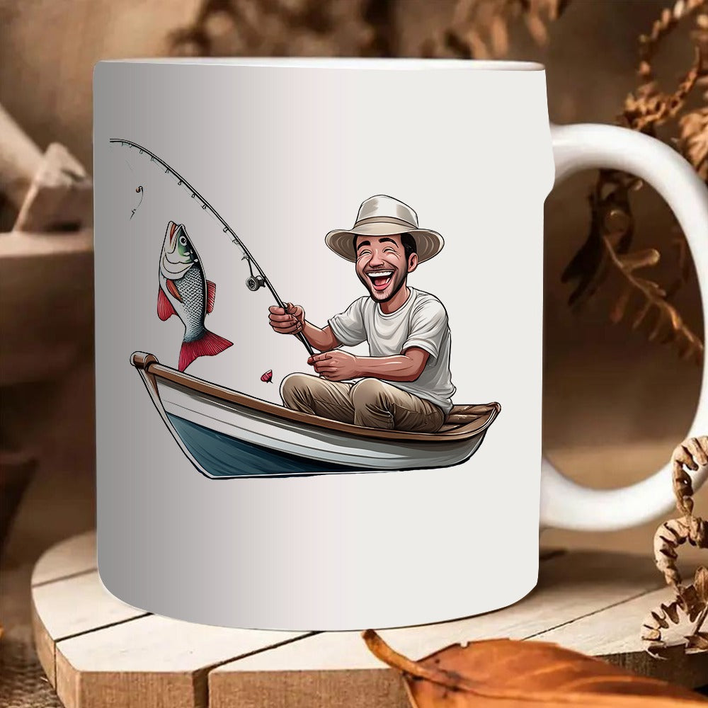 Tailorly White Ceramic 11 oz Mug - smiling fisherman in boat catching fish