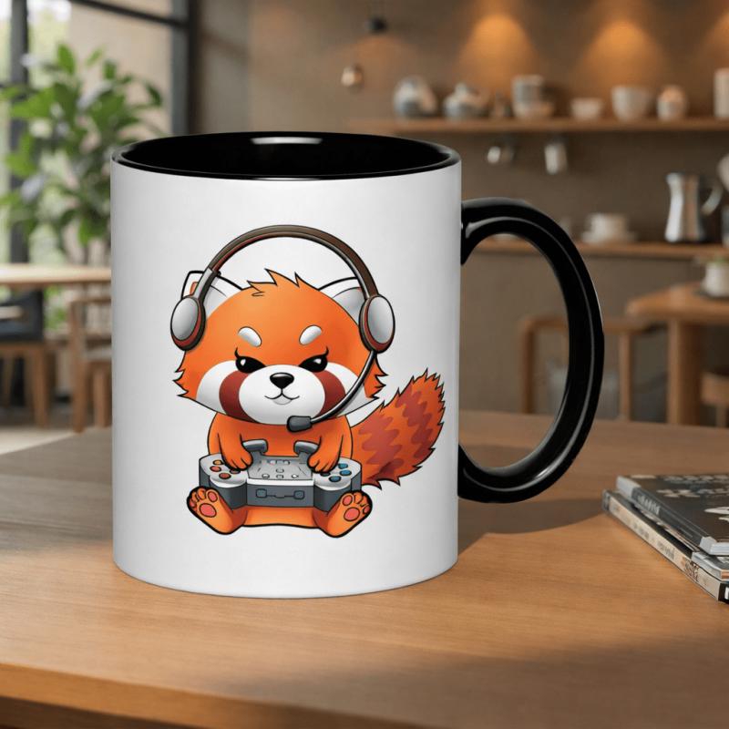 Tailorly Black Accent 11 oz Mug - red panda wearing headphones and holding a controller