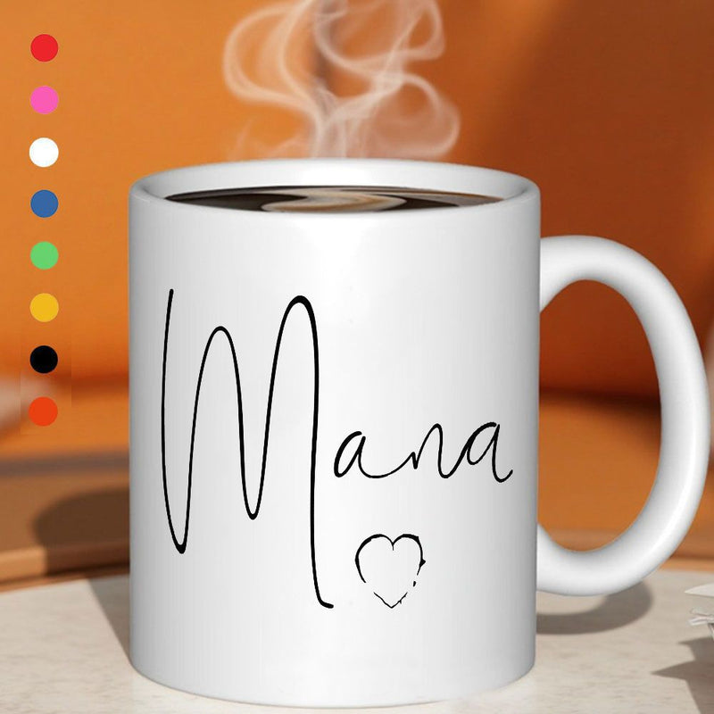 Tailorly White Ceramic 11 oz Mug - mana lettering and a heart pattern