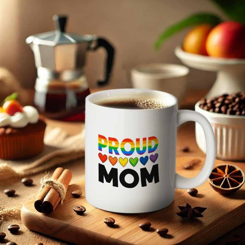 Tailorly White Ceramic 11 oz Mug - mom design with rainbow hearts for pride