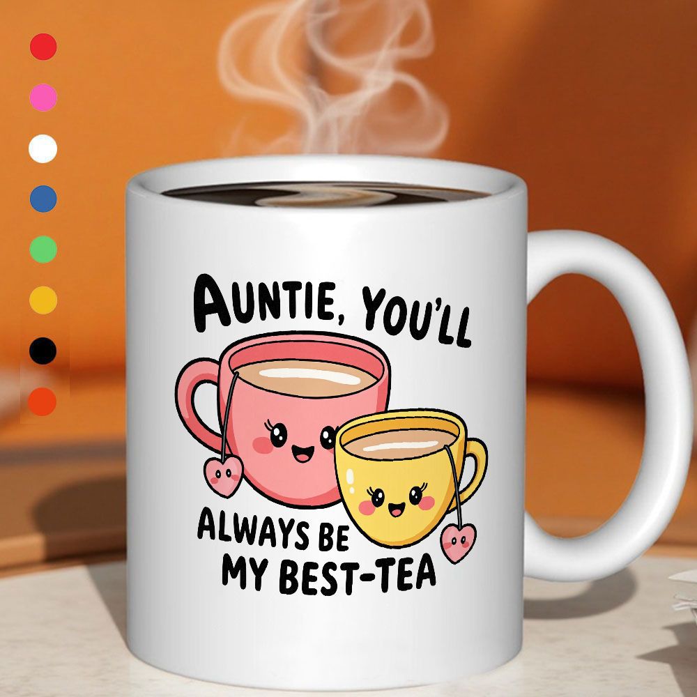 Tailorly White Ceramic 11 oz Mug - fun cartoon teacup with "auntie youll" illustrations and heart-shaped designs