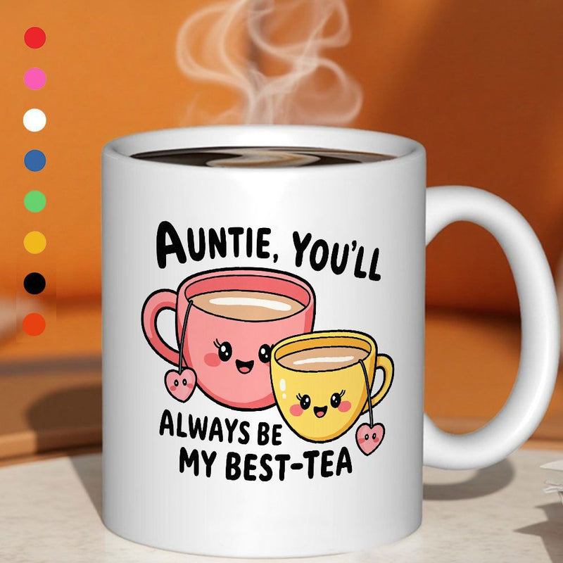 Tailorly White Ceramic 11 oz Mug - fun cartoon teacup with "auntie youll" illustrations and heart-shaped designs