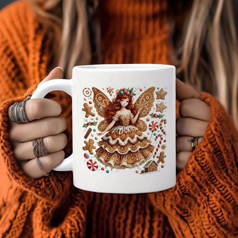 Tailorly White Ceramic 11 oz Mug - gingerbread fairy with candy cane and ornament motif