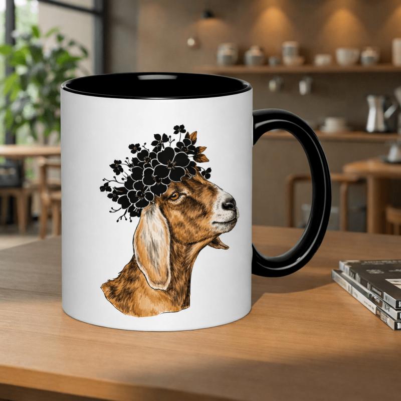 Tailorly Black Accent 11 oz Mug - goat with black flowers artistic portrait