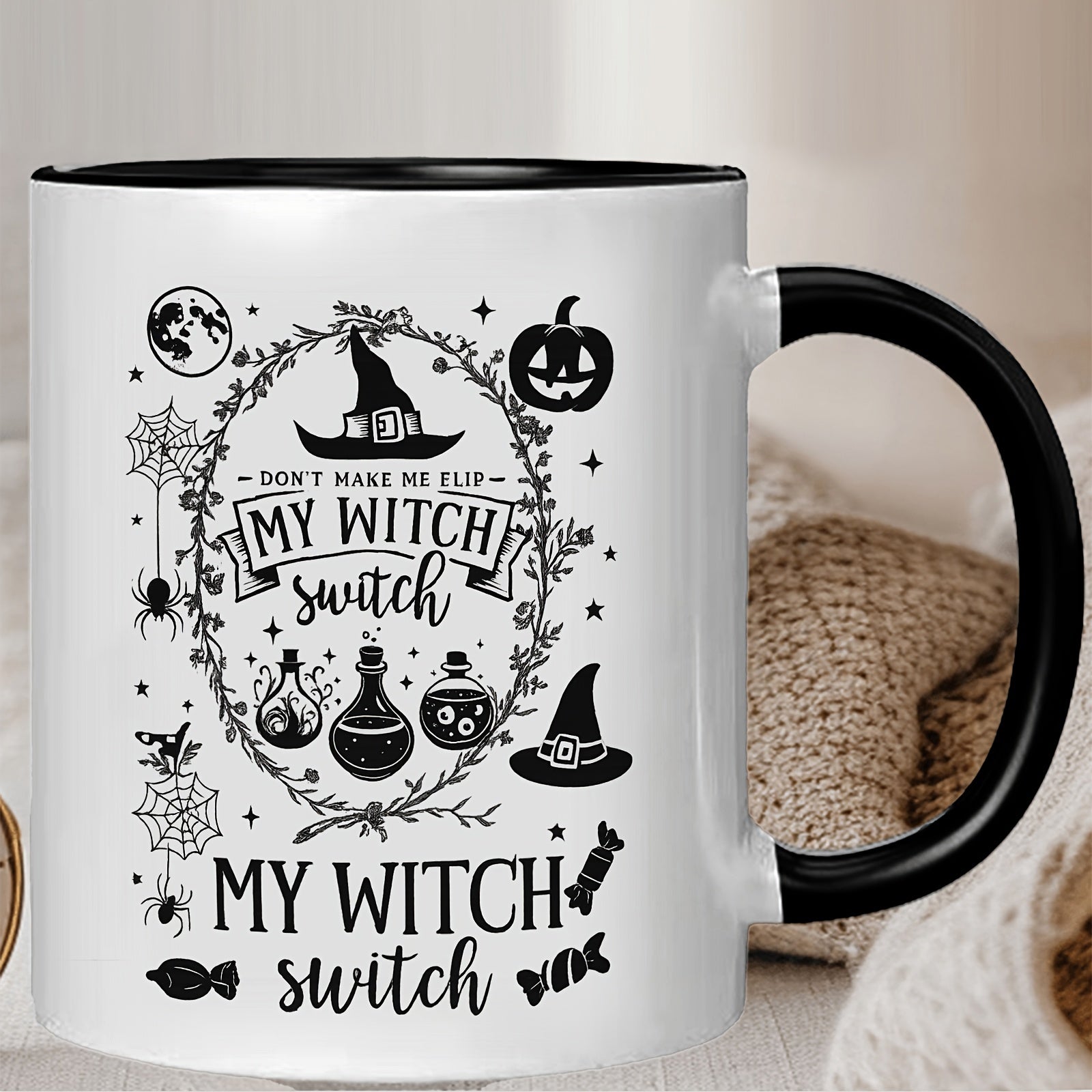 Tailorly Black Accent 11 oz Mug - magical potion bottles witch hat broomstick
