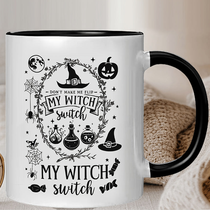 Tailorly Black Accent 11 oz Mug - magical potion bottles witch hat broomstick