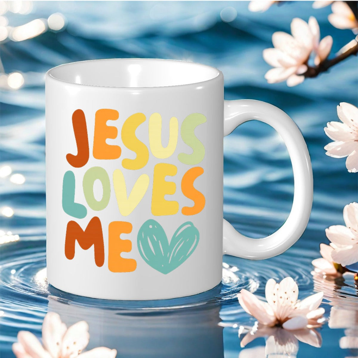 Tailorly White Ceramic 11 oz Mug - jesus with colorful lettering