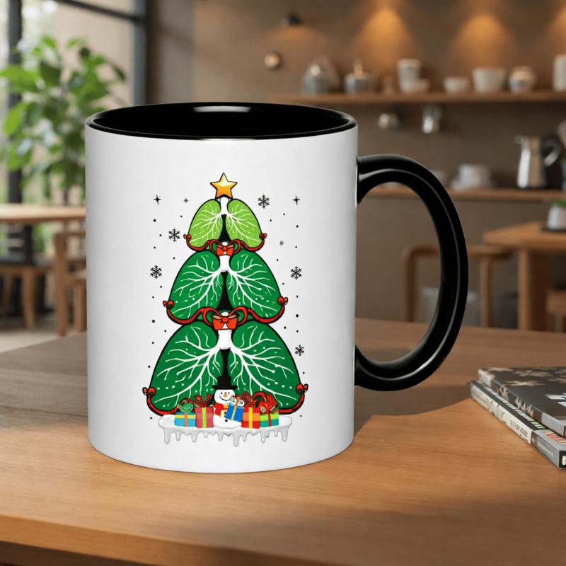 Tailorly Black Accent 11 oz Mug - christmas lungs tree with snowman and gifts
