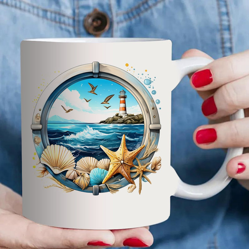 Tailorly White Ceramic 11 oz Mug - seaside lighthouse view with seashells and beach design