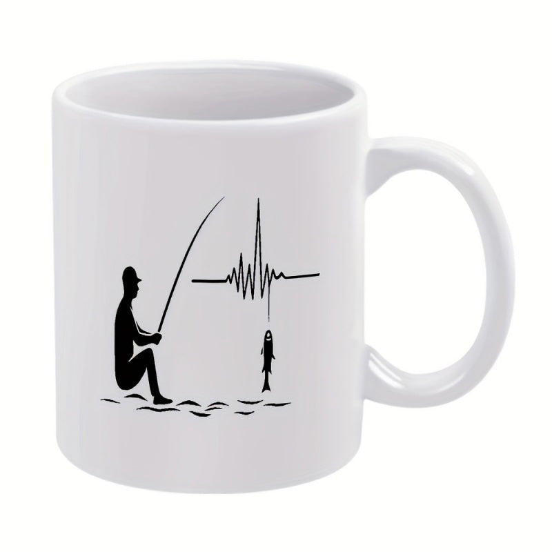 Tailorly White Ceramic 11 oz Mug - funny fishing line heartbeat monitor fisherman silhouette