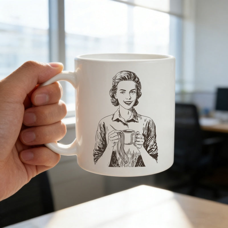 Tailorly White Ceramic 11 oz Mug - vintage sketch of a woman holding a cup