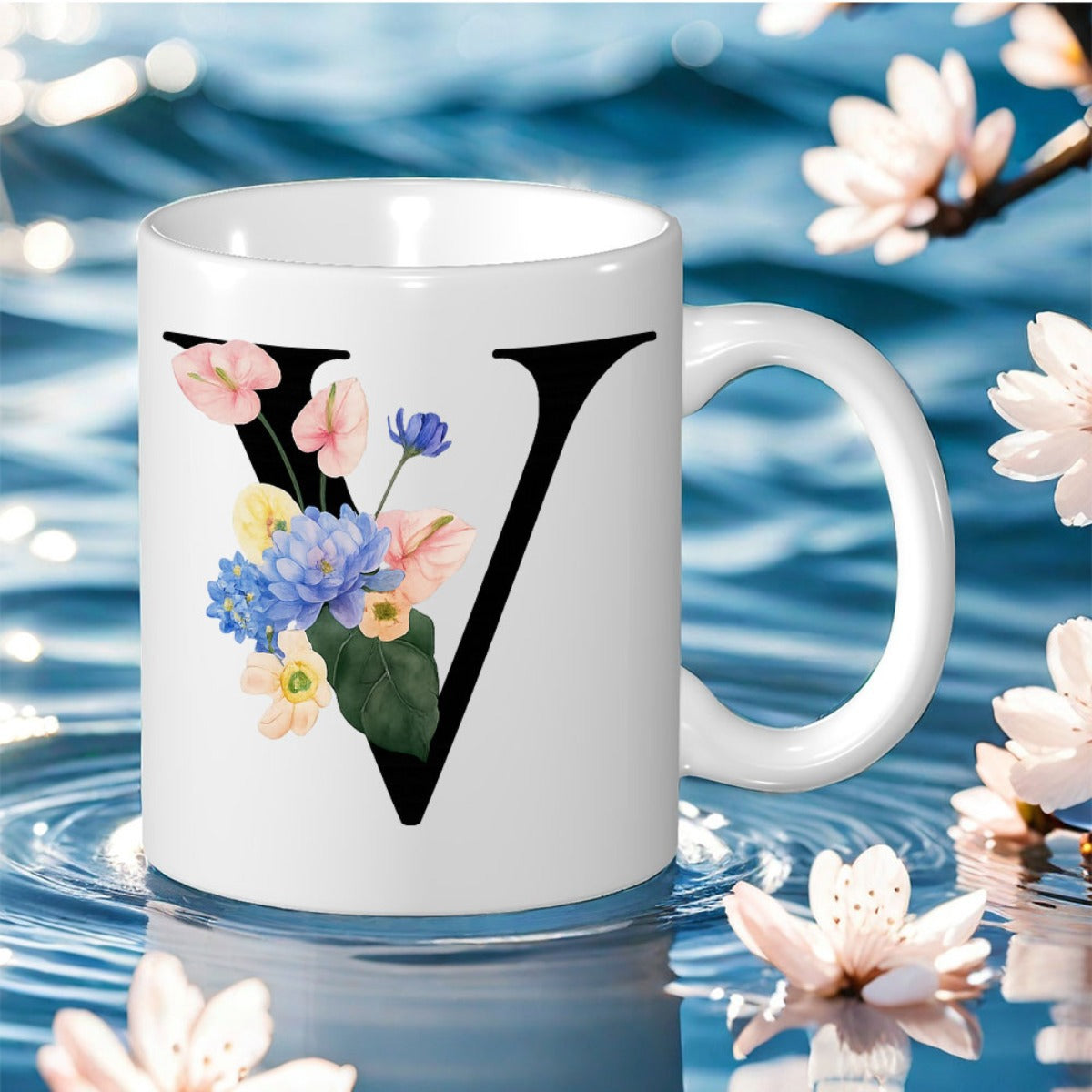Tailorly White Ceramic 11 oz Mug - letter flower print