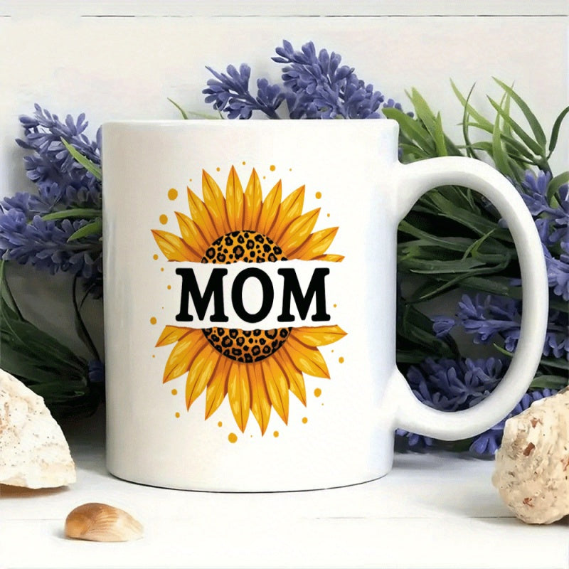 Tailorly White Ceramic 11 oz Mug - ceramic coffee cup with sunflower and leopard print design labeled mom