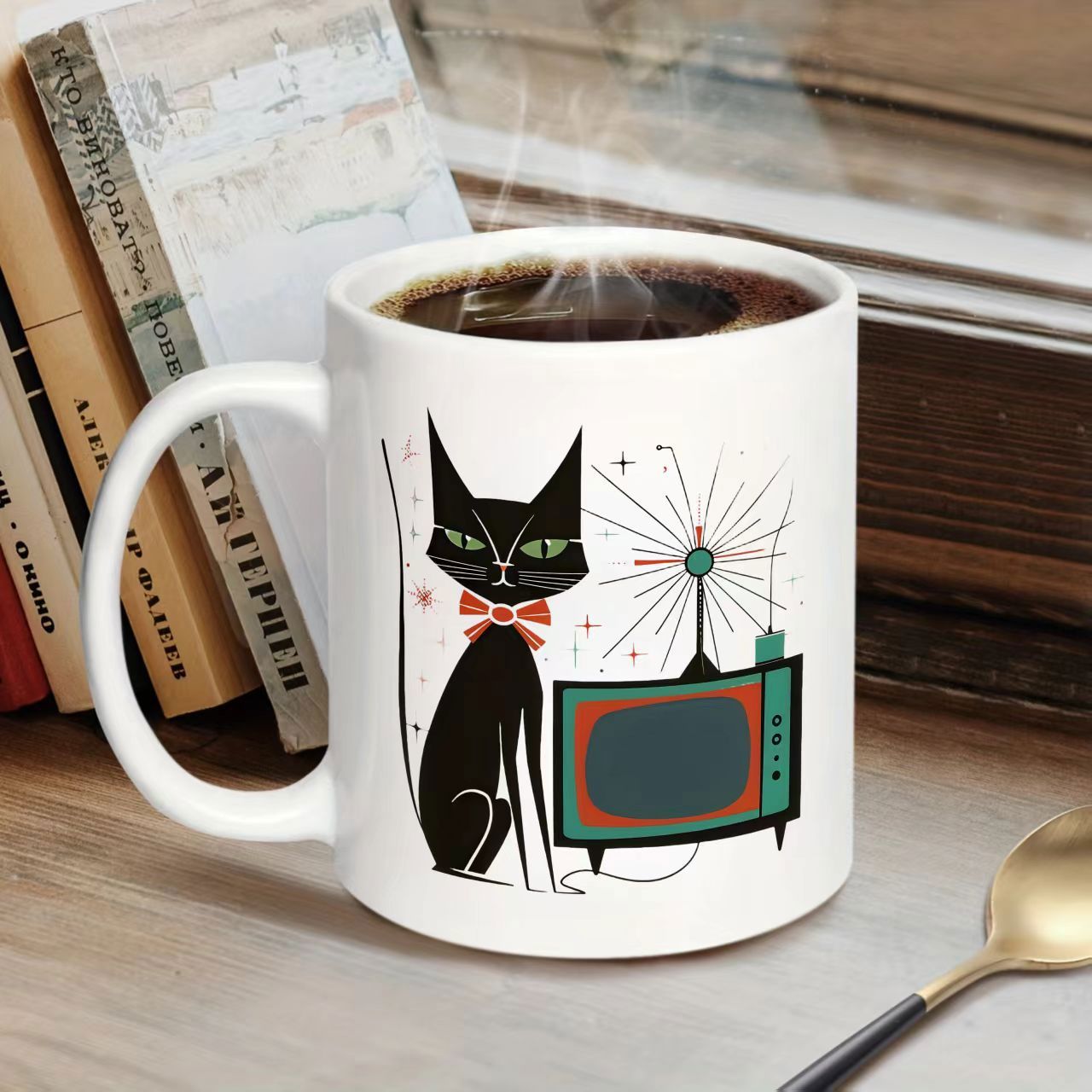 Tailorly White Ceramic 11 oz Mug - a vintage cat and television with modern medieval design