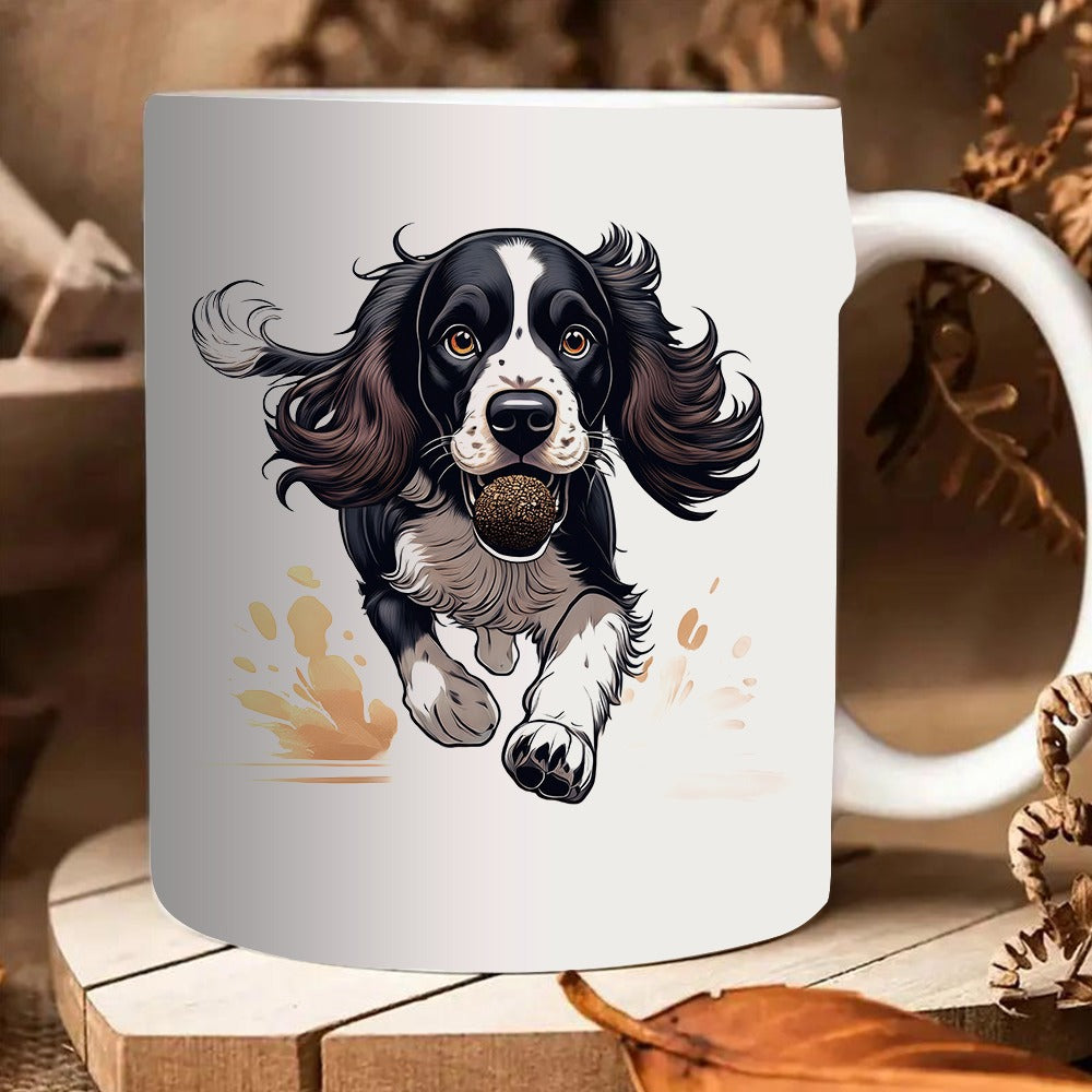 Tailorly White Ceramic 11 oz Mug - cute dog with ball running
