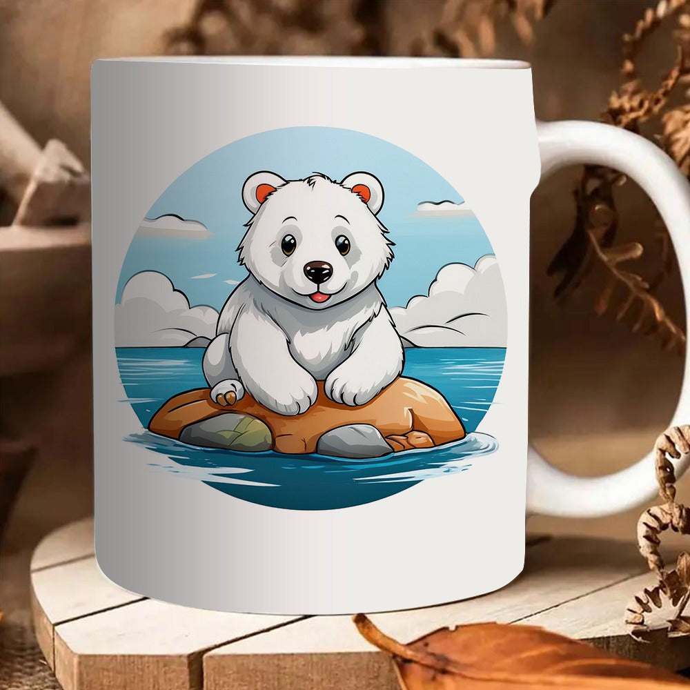 Tailorly White Ceramic 11 oz Mug - adorable polar bear on a rock