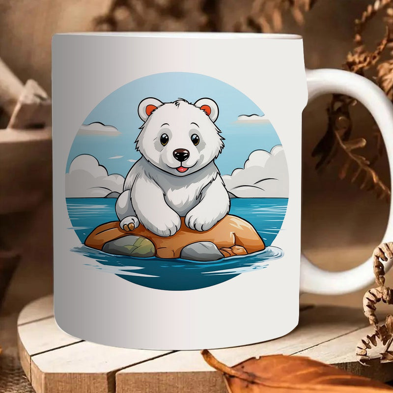 Tailorly White Ceramic 11 oz Mug - adorable polar bear on a rock