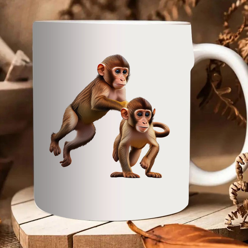 Tailorly White Ceramic 11 oz Mug - two monkeys climbing on a colorful design