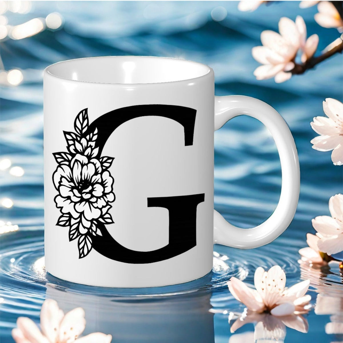 Tailorly White Ceramic 11 oz Mug - floral monogram pink marble