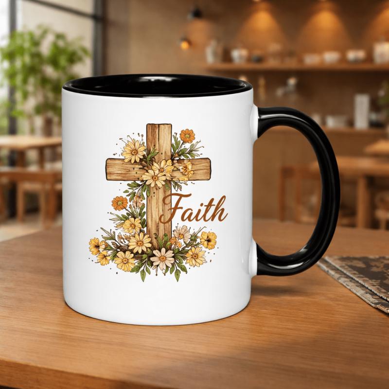 Tailorly Black Accent 11 oz Mug - faith cross with flowers