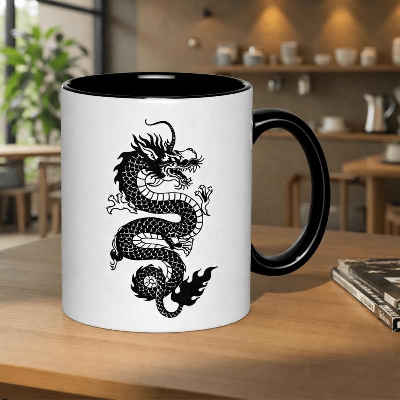 Tailorly Black Accent 11 oz Mug - dragon illustration with tail and mane