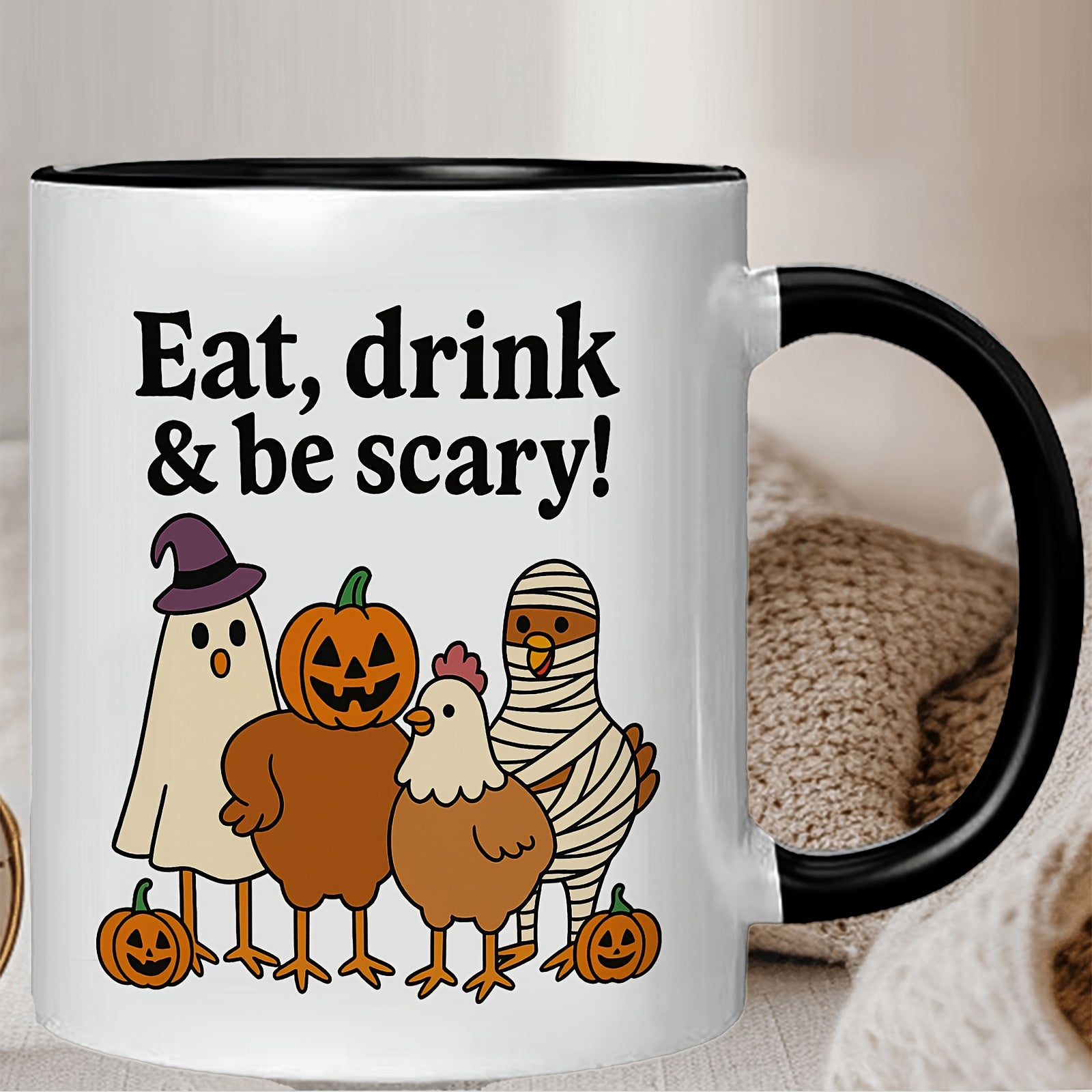 Tailorly Black Accent 11 oz Mug - eat drink be scary text