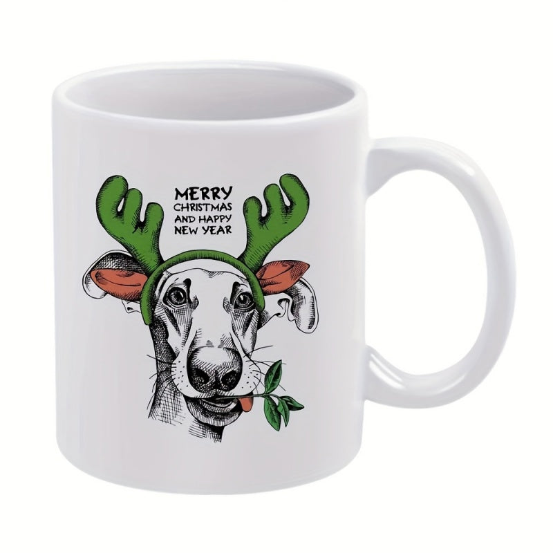 Tailorly White Ceramic 11 oz Mug - dog with reindeer antlers