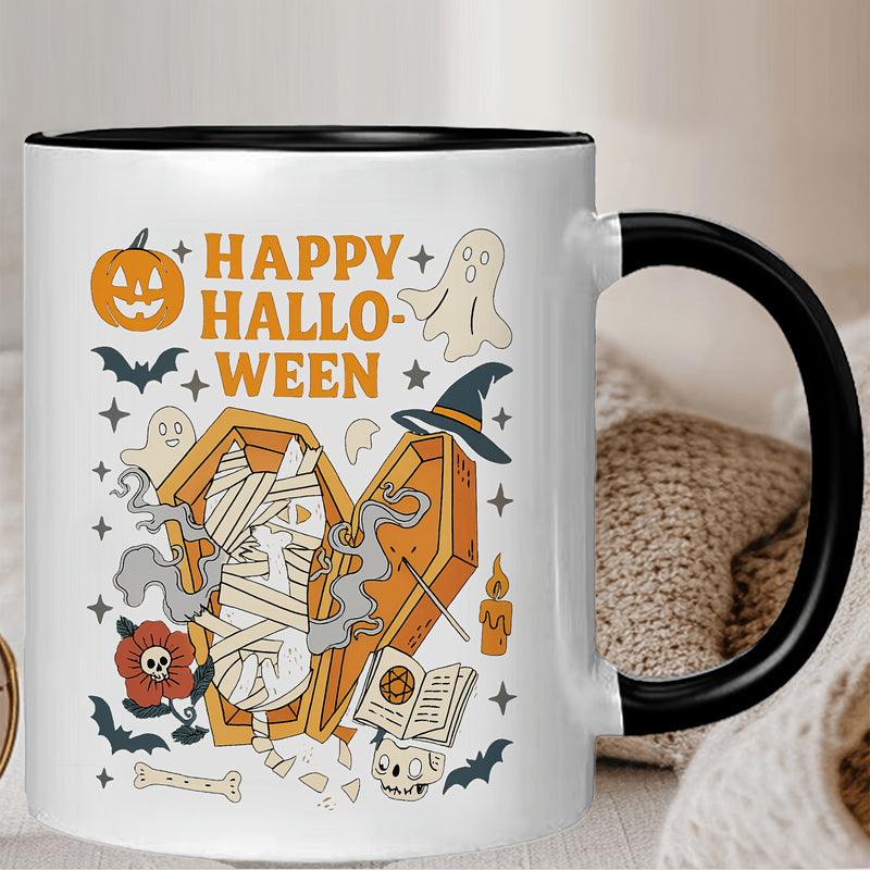 Tailorly Black Accent 11 oz Mug - spooky ghosts and pumpkins