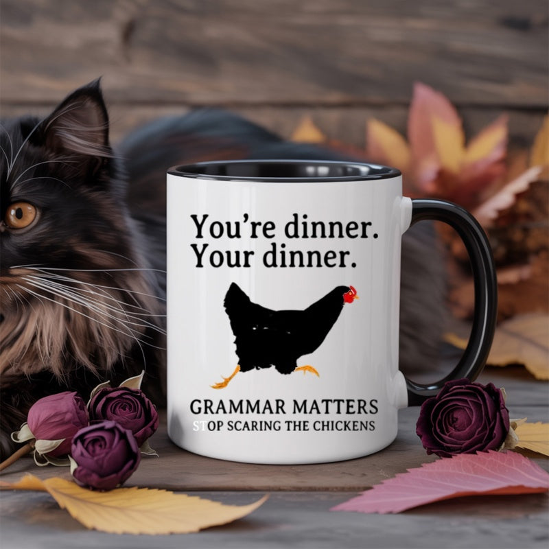 Tailorly Black Accent 11 oz Mug - funny grammar chicken pun grammar rules