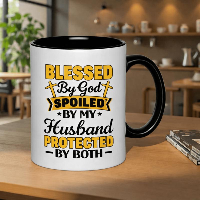 Tailorly Black Accent 11 oz Mug - blessed by god by my husband protected by