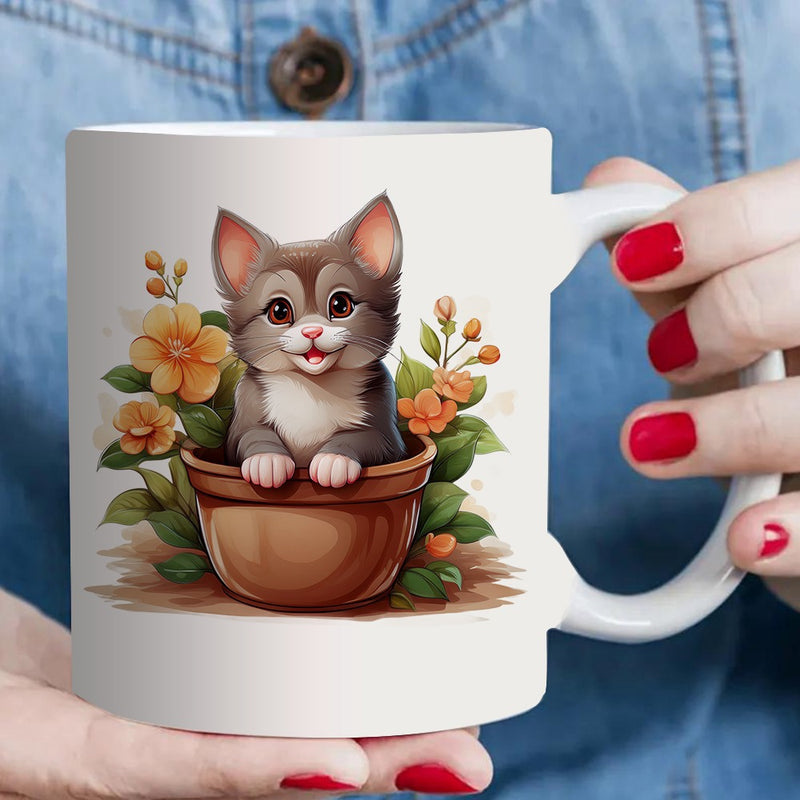 Tailorly White Ceramic 11 oz Mug - cute kitten in flower pot