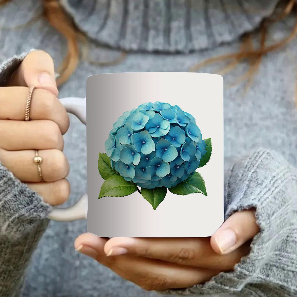 Tailorly White Ceramic 11 oz Mug - blue hydrangea