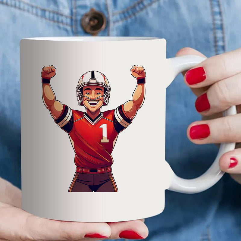 Tailorly White Ceramic 11 oz Mug - football player celebration and jersey pattern