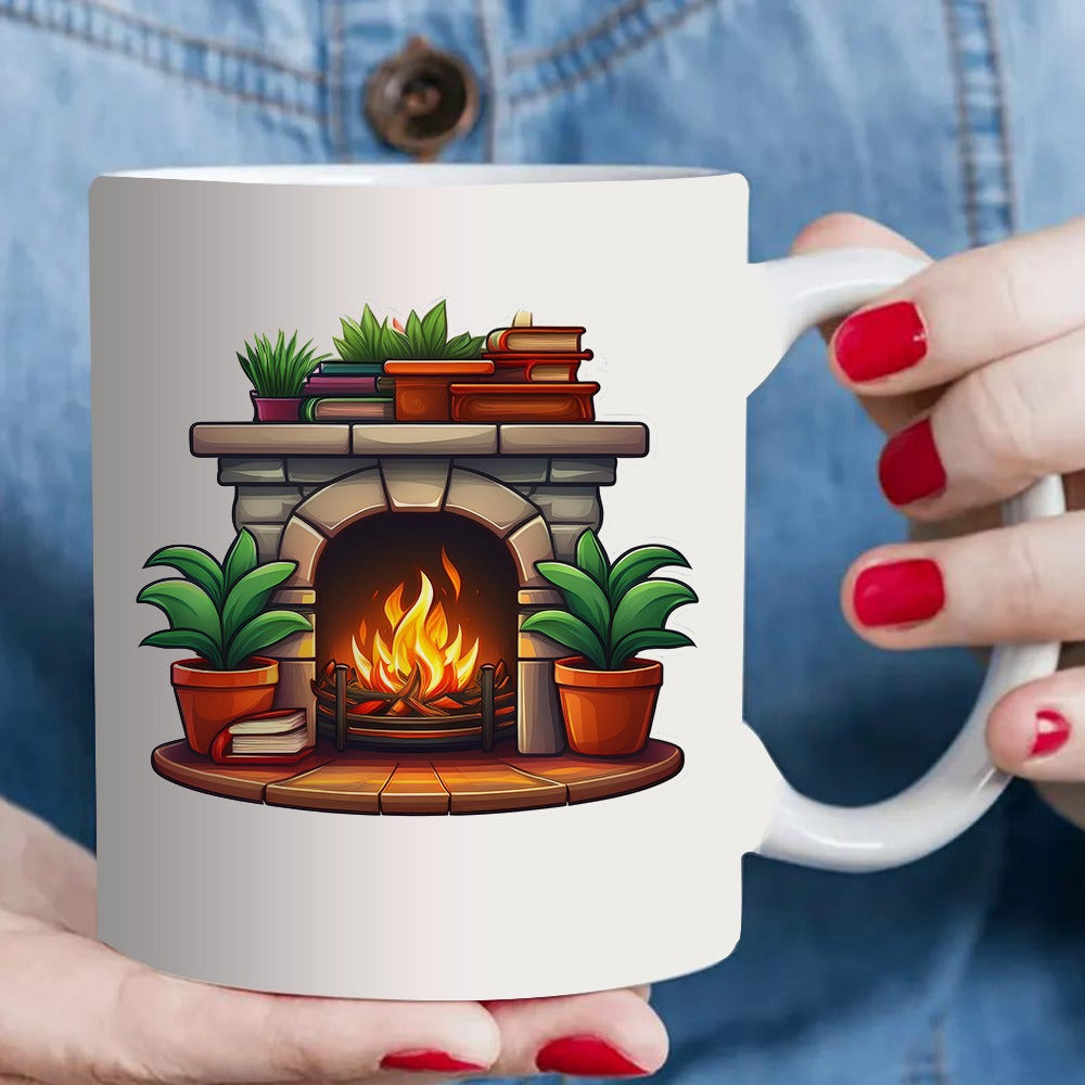 Tailorly White Ceramic 11 oz Mug - cozy fireplace scene with warm flame and books