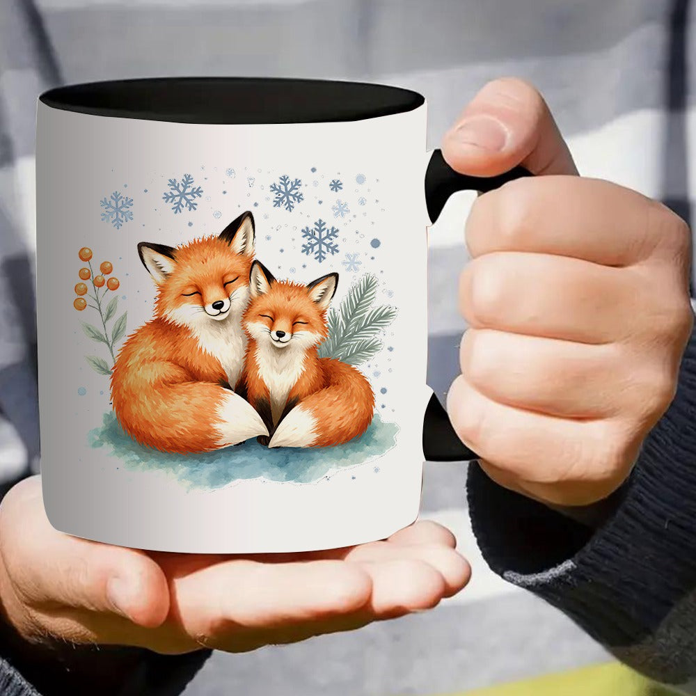 Tailorly Black Accent 11 oz Mug - adorable foxes in a winter setting with snowflakes and berries