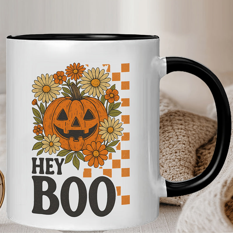 Tailorly Black Accent 11 oz Mug - halloween pumpkin， floral pattern