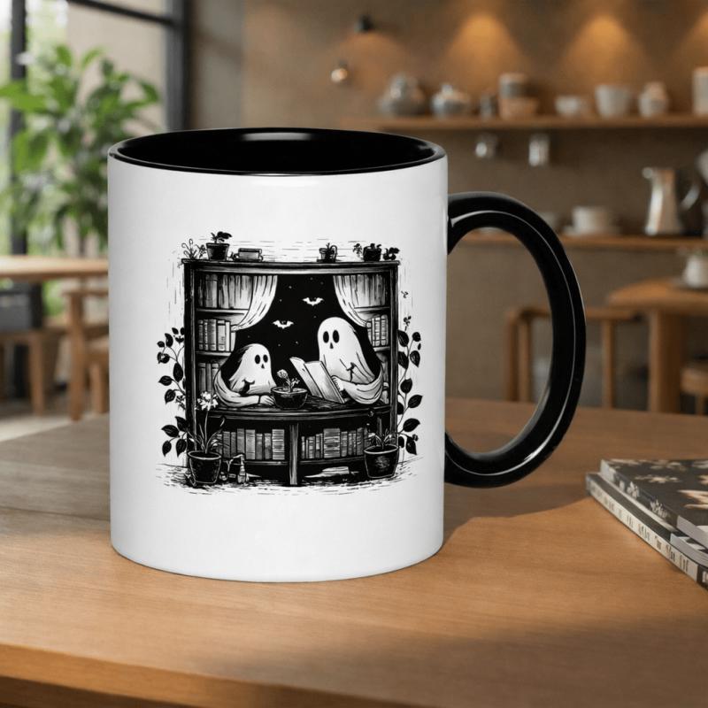 Tailorly Black Accent 11 oz Mug - a mug featuring two adorable ghosts books in a library this 11oz ceramic mug is dishwasher safe and showcases