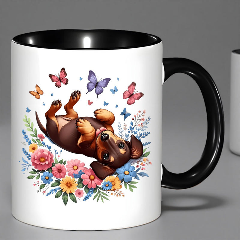 Tailorly Black Accent 11 oz Mug - dachshund puppy with floral
