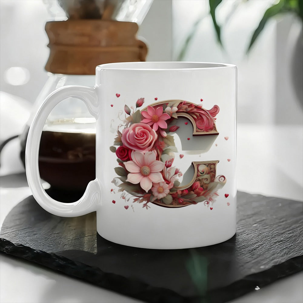 Tailorly White Ceramic 11 oz Mug - floral letter with an elegant rose pattern