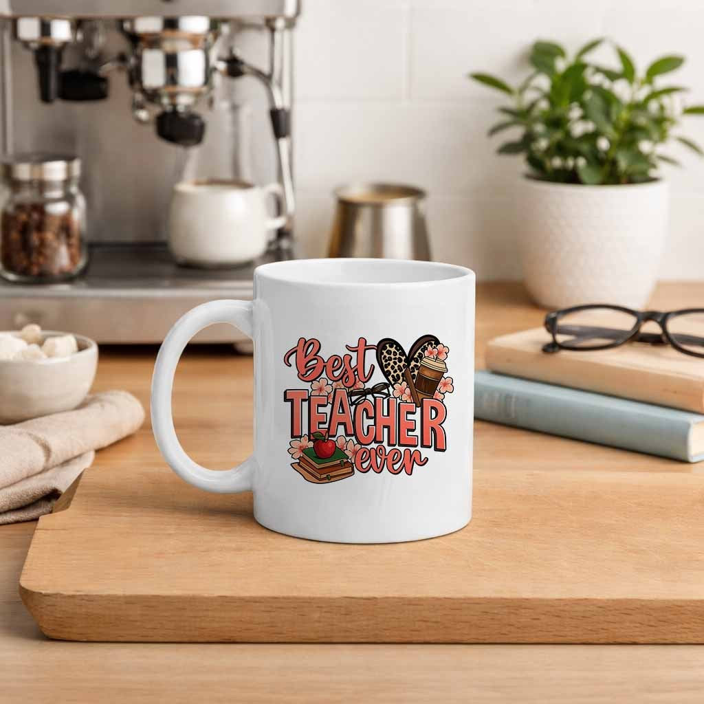 Tailorly White Ceramic 11 oz Mug - best teacher ever leopard print coffee books