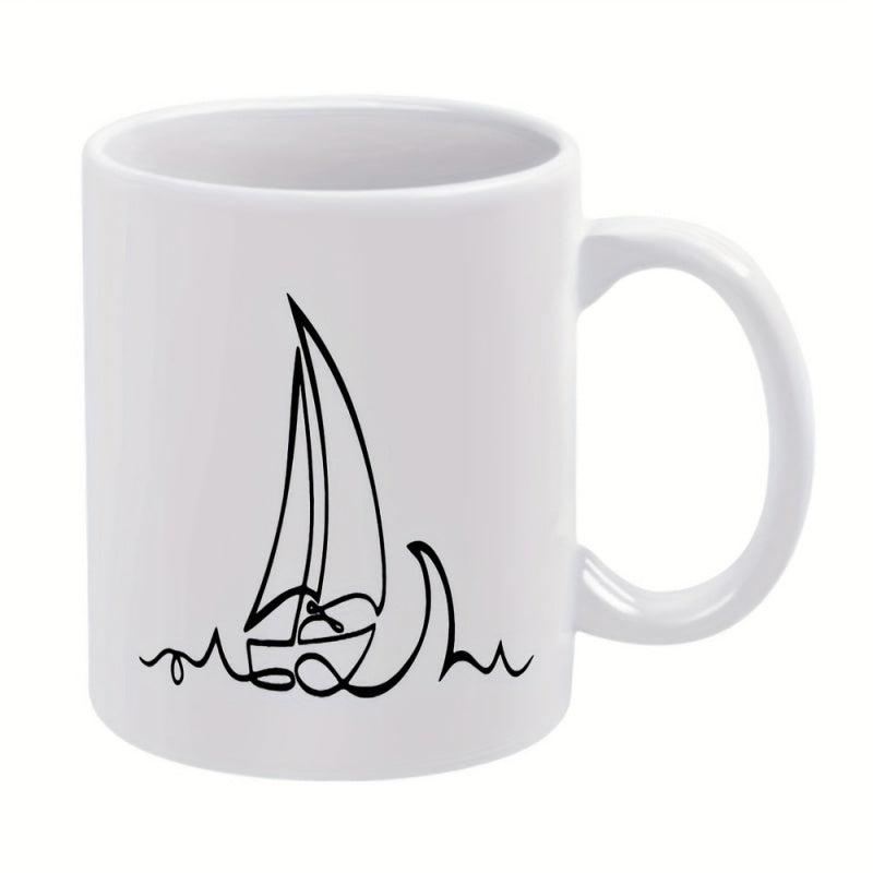 Tailorly White Ceramic 11 oz Mug - sailboat waves minimalist