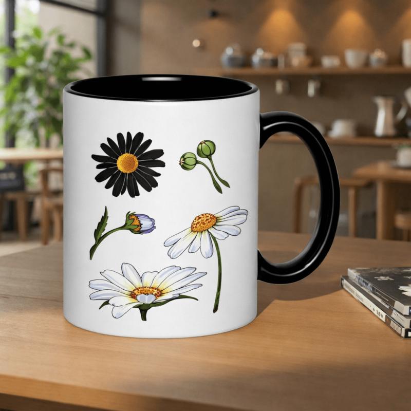 Tailorly Black Accent 11 oz Mug - black and white daisy floral illustration with buds and buds